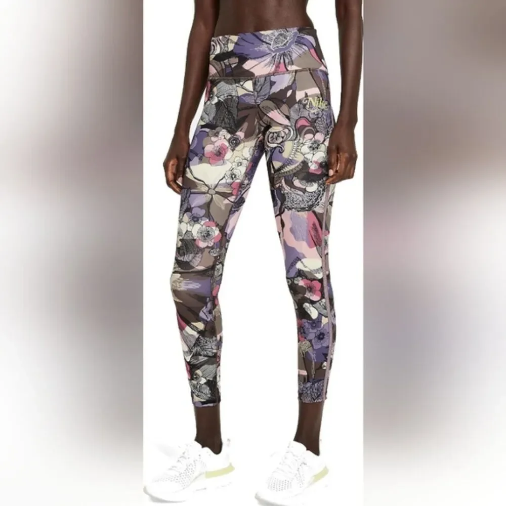 Nike Epic Running Leggings Floral Print Glitter Logo Woven Small S